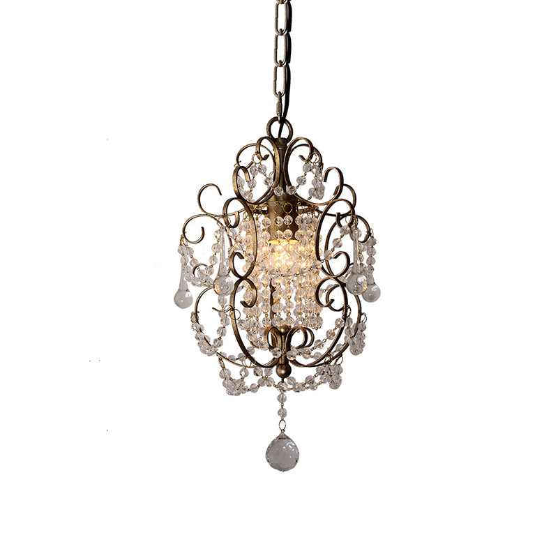 Gold/Bronze 1 Light Pendant Lighting Retro Crystal Beaded Scroll Arm Hanging Lamp Kit for Hall Clearhalo 'Ceiling Lights' 'Pendant Lights' 'Pendants' Lighting' 790185