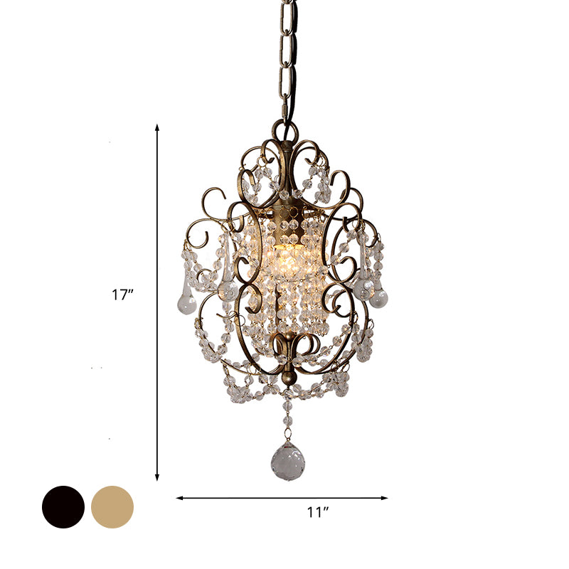 Gold/Bronze 1 Light Pendant Lighting Retro Crystal Beaded Scroll Arm Hanging Lamp Kit for Hall Clearhalo 'Ceiling Lights' 'Pendant Lights' 'Pendants' Lighting' 790187