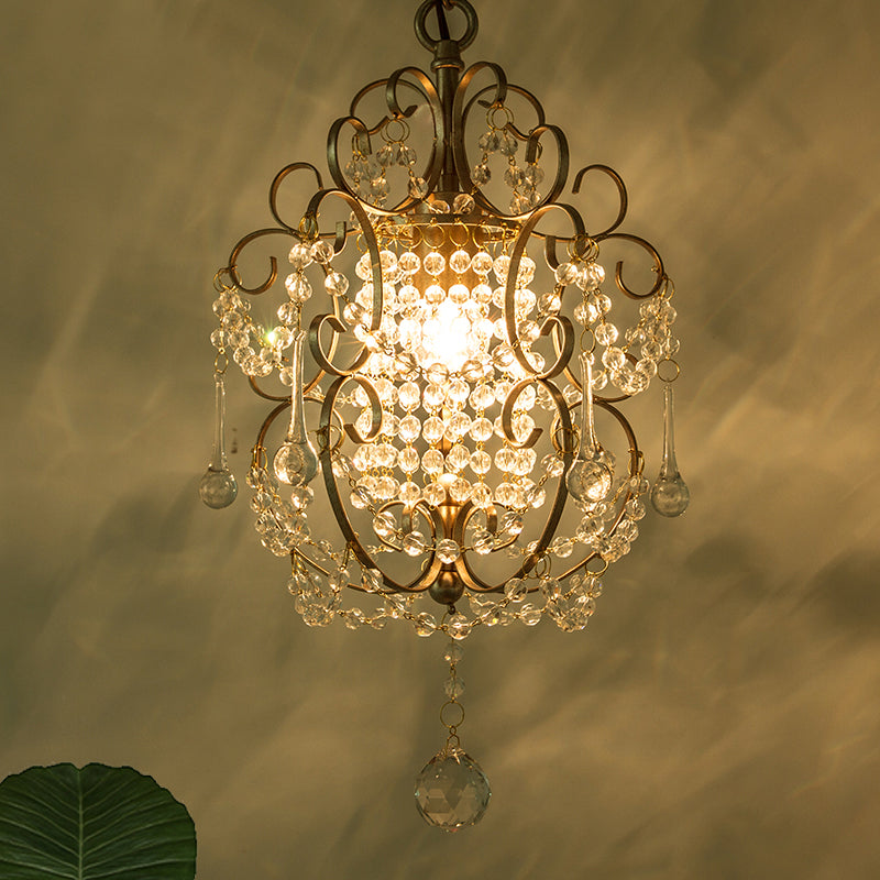 Gold/Bronze 1 Light Pendant Lighting Retro Crystal Beaded Scroll Arm Hanging Lamp Kit for Hall Gold Clearhalo 'Ceiling Lights' 'Pendant Lights' 'Pendants' Lighting' 790188_585528f2-8baa-4b03-adcb-007a87db33ea