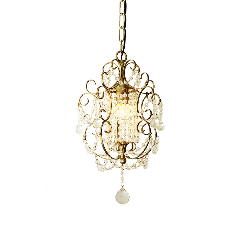 Gold/Bronze 1 Light Pendant Lighting Retro Crystal Beaded Scroll Arm Hanging Lamp Kit for Hall Clearhalo 'Ceiling Lights' 'Pendant Lights' 'Pendants' Lighting' 790190