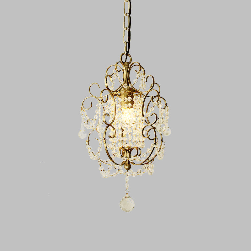 Gold/Bronze 1 Light Pendant Lighting Retro Crystal Beaded Scroll Arm Hanging Lamp Kit for Hall Clearhalo 'Ceiling Lights' 'Pendant Lights' 'Pendants' Lighting' 790191