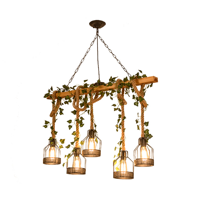 Metal Caged Island Pendant Light Industrial 3/5 Lights Dining Room Rope Hanging Lamp in Brown with Wood Beam Clearhalo 'Ceiling Lights' 'Island Lights' Lighting' 790300