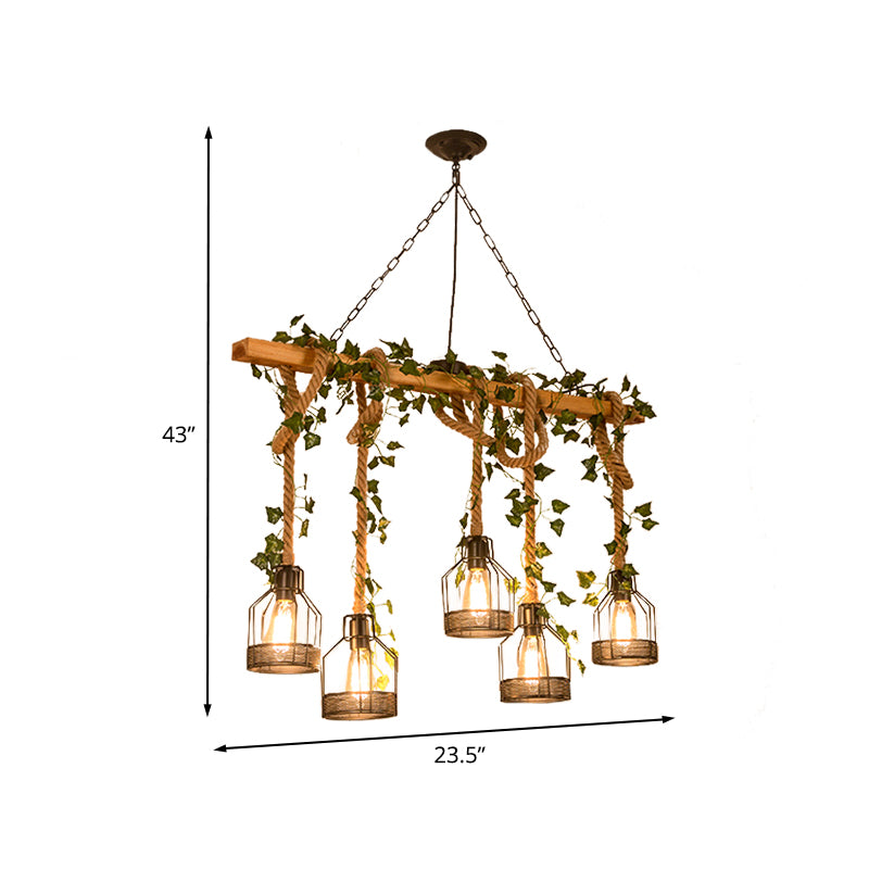 Metal Caged Island Pendant Light Industrial 3/5 Lights Dining Room Rope Hanging Lamp in Brown with Wood Beam Clearhalo 'Ceiling Lights' 'Island Lights' Lighting' 790301
