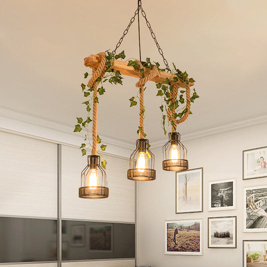 Metal Caged Island Pendant Light Industrial 3/5 Lights Dining Room Rope Hanging Lamp in Brown with Wood Beam Clearhalo 'Ceiling Lights' 'Island Lights' Lighting' 790303