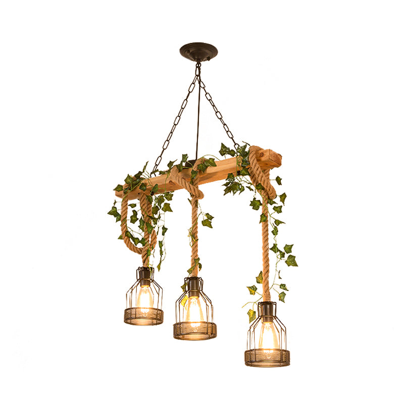 Metal Caged Island Pendant Light Industrial 3/5 Lights Dining Room Rope Hanging Lamp in Brown with Wood Beam Clearhalo 'Ceiling Lights' 'Island Lights' Lighting' 790304