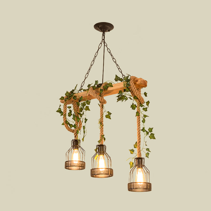 Metal Caged Island Pendant Light Industrial 3/5 Lights Dining Room Rope Hanging Lamp in Brown with Wood Beam Clearhalo 'Ceiling Lights' 'Island Lights' Lighting' 790305