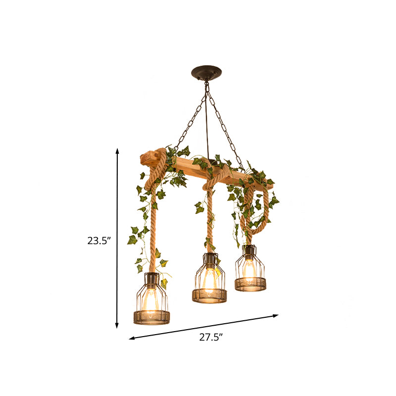 Metal Caged Island Pendant Light Industrial 3/5 Lights Dining Room Rope Hanging Lamp in Brown with Wood Beam Clearhalo 'Ceiling Lights' 'Island Lights' Lighting' 790306