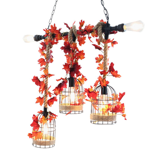 5-Head Birdcage Rope Island Light Fixture Factory Red/Rose Red Metal Pendant Lamp with Artificial Maple Leaf/Blossom Clearhalo 'Ceiling Lights' 'Island Lights' Lighting' 790312