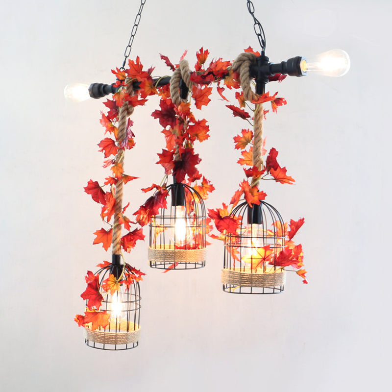 5-Head Birdcage Rope Island Light Fixture Factory Red/Rose Red Metal Pendant Lamp with Artificial Maple Leaf/Blossom Clearhalo 'Ceiling Lights' 'Island Lights' Lighting' 790313