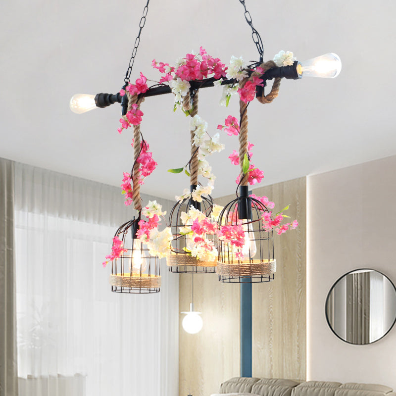 5-Head Birdcage Rope Island Light Fixture Factory Red/Rose Red Metal Pendant Lamp with Artificial Maple Leaf/Blossom Rose Red Clearhalo 'Ceiling Lights' 'Island Lights' Lighting' 790315