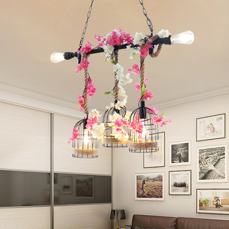 5-Head Birdcage Rope Island Light Fixture Factory Red/Rose Red Metal Pendant Lamp with Artificial Maple Leaf/Blossom Clearhalo 'Ceiling Lights' 'Island Lights' Lighting' 790316