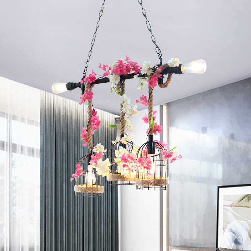 5-Head Birdcage Rope Island Light Fixture Factory Red/Rose Red Metal Pendant Lamp with Artificial Maple Leaf/Blossom Clearhalo 'Ceiling Lights' 'Island Lights' Lighting' 790317