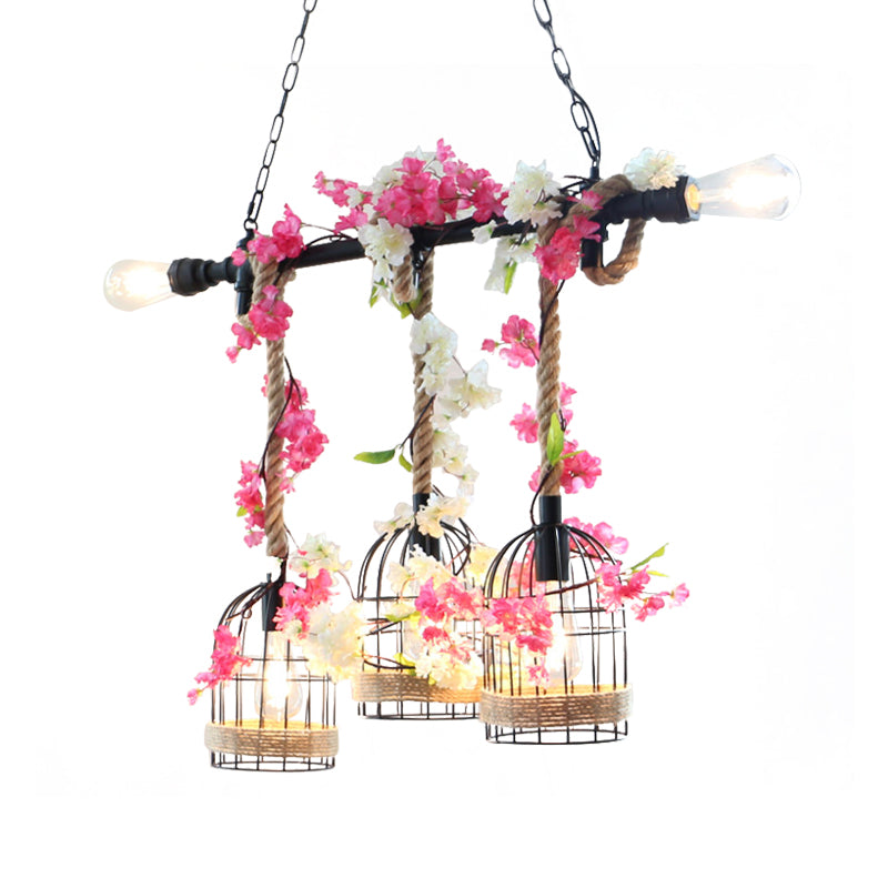 5-Head Birdcage Rope Island Light Fixture Factory Red/Rose Red Metal Pendant Lamp with Artificial Maple Leaf/Blossom Clearhalo 'Ceiling Lights' 'Island Lights' Lighting' 790318