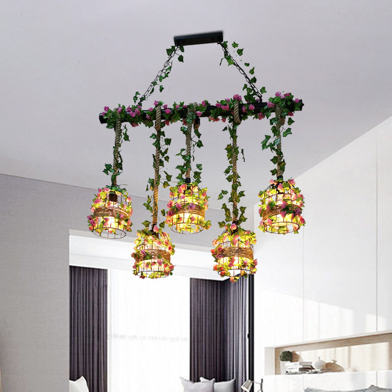 5 Bulbs Rope Island Light Fixture Farm Birdcage Metallic Linear Pendant in Black with Rose Vine Clearhalo 'Ceiling Lights' 'Island Lights' Lighting' 790320