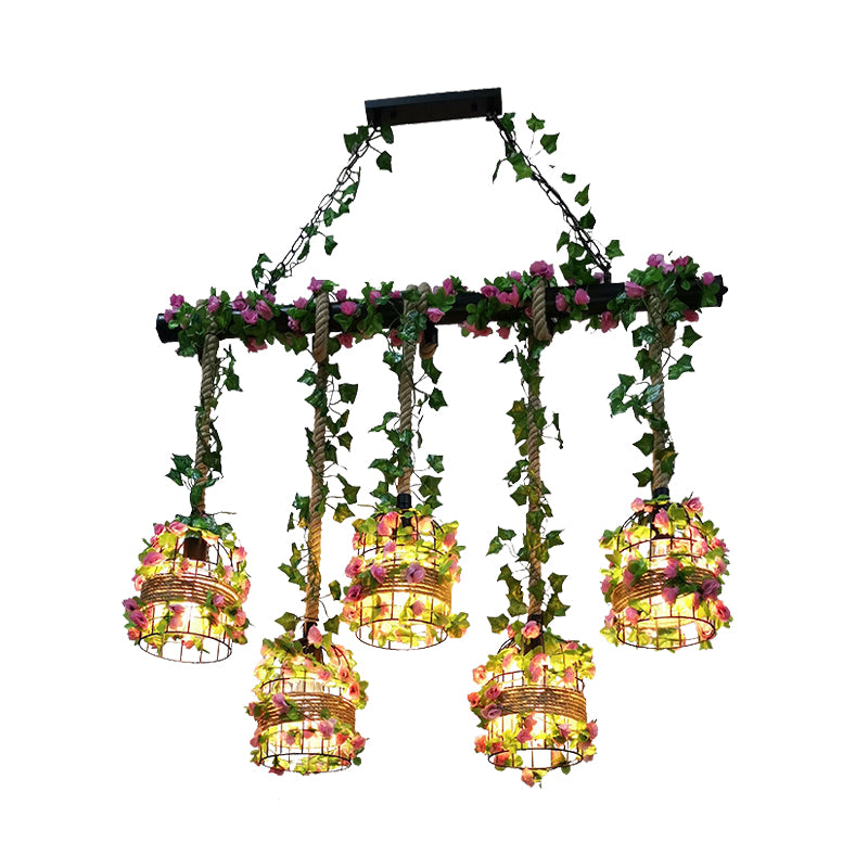 5 Bulbs Rope Island Light Fixture Farm Birdcage Metallic Linear Pendant in Black with Rose Vine Clearhalo 'Ceiling Lights' 'Island Lights' Lighting' 790321