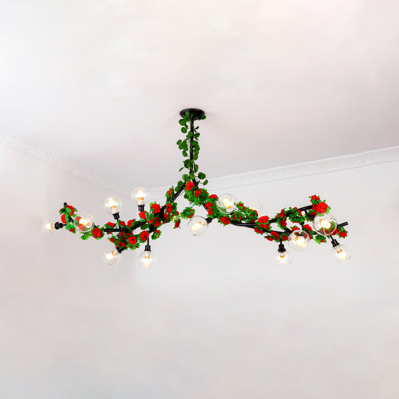 Sputnik Dining Room Semi Mount Lighting Loft Metal 15 Heads Green Ceiling Mounted Fixture with Red/Pink Flower Vine Clearhalo 'Ceiling Lights' 'Close To Ceiling Lights' 'Close to ceiling' 'Semi-flushmount' Lighting' 790329