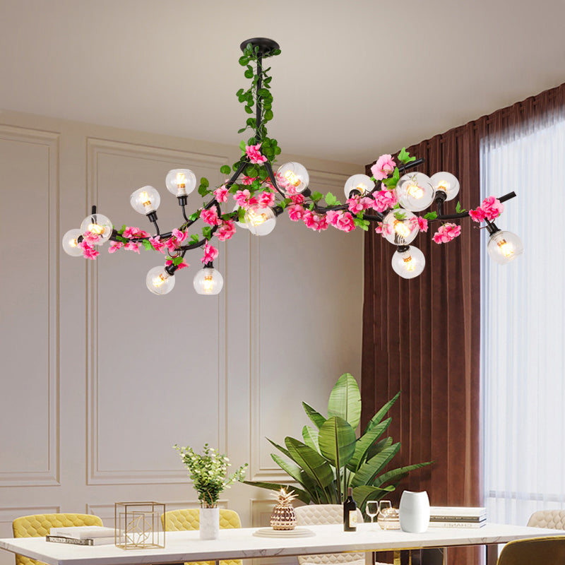 Sputnik Dining Room Semi Mount Lighting Loft Metal 15 Heads Green Ceiling Mounted Fixture with Red/Pink Flower Vine Pink Clearhalo 'Ceiling Lights' 'Close To Ceiling Lights' 'Close to ceiling' 'Semi-flushmount' Lighting' 790331