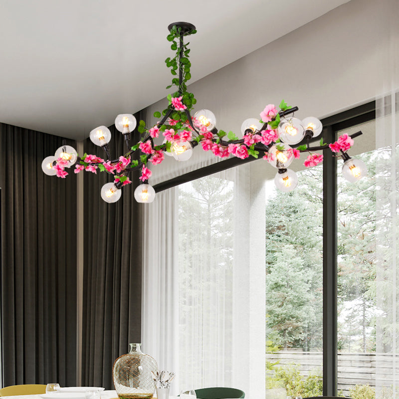 Sputnik Dining Room Semi Mount Lighting Loft Metal 15 Heads Green Ceiling Mounted Fixture with Red/Pink Flower Vine Clearhalo 'Ceiling Lights' 'Close To Ceiling Lights' 'Close to ceiling' 'Semi-flushmount' Lighting' 790332