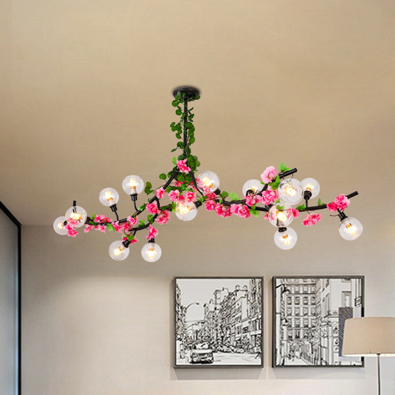 Sputnik Dining Room Semi Mount Lighting Loft Metal 15 Heads Green Ceiling Mounted Fixture with Red/Pink Flower Vine Clearhalo 'Ceiling Lights' 'Close To Ceiling Lights' 'Close to ceiling' 'Semi-flushmount' Lighting' 790333