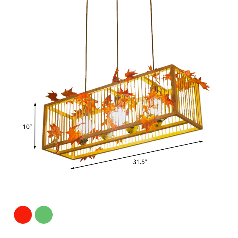 3 Lights Bamboo Island Pendant Lighting Vintage Beige Rectangle Tea Room Hanging Light Kit with Red Maple Leaf/Green Leaves Deco Clearhalo 'Ceiling Lights' 'Island Lights' Lighting' 790338