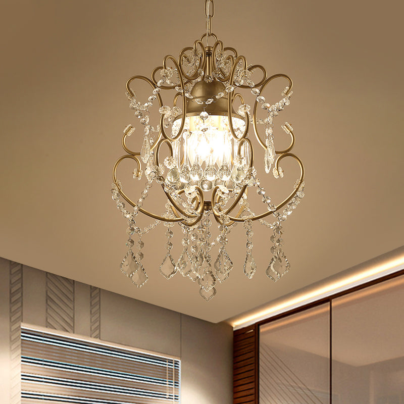 Modernist Scroll Pendant Chandelier 3 Heads Crystal Swag Hanging Ceiling Light in Gold Gold Clearhalo 'Ceiling Lights' 'Chandeliers' 'Modern Chandeliers' 'Modern' Lighting' 790351