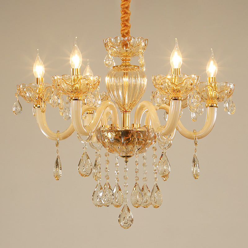 6-Light Candelabra Chandelier Lighting Contemporary Gold Finish Crystal Glass Pendulum Lamp Clearhalo 'Ceiling Lights' 'Chandeliers' 'Modern Chandeliers' 'Modern' Lighting' 790360