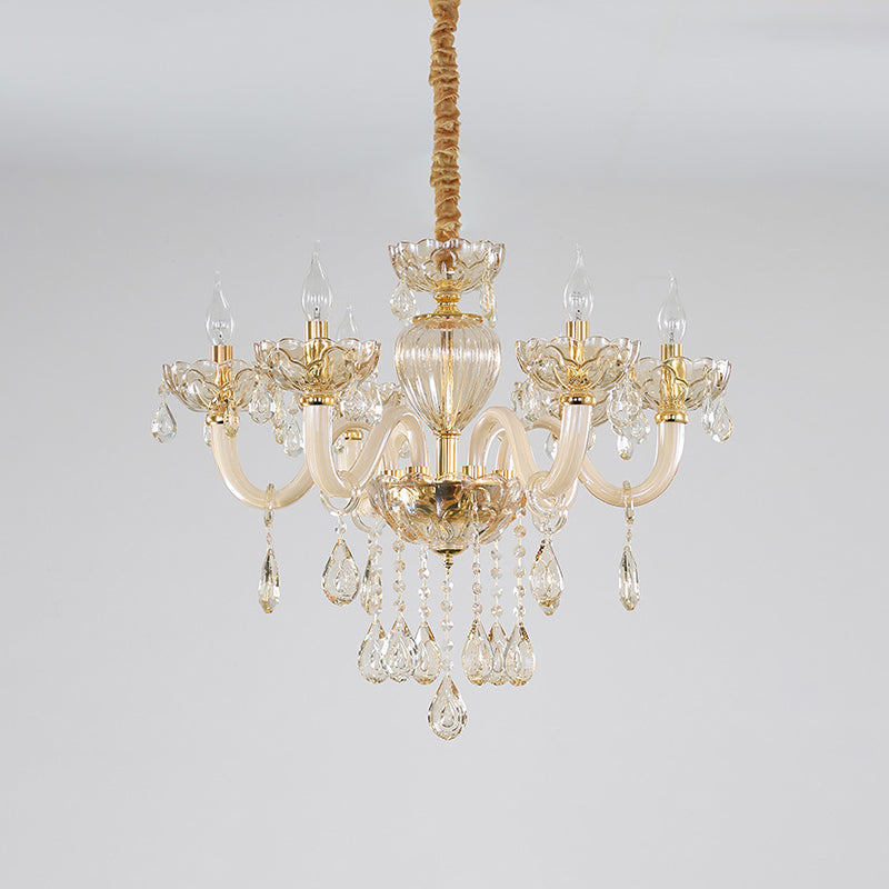 6-Light Candelabra Chandelier Lighting Contemporary Gold Finish Crystal Glass Pendulum Lamp Clearhalo 'Ceiling Lights' 'Chandeliers' 'Modern Chandeliers' 'Modern' Lighting' 790361