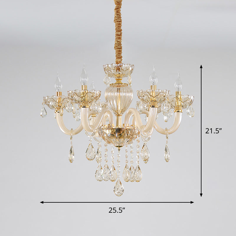 6-Light Candelabra Chandelier Lighting Contemporary Gold Finish Crystal Glass Pendulum Lamp Clearhalo 'Ceiling Lights' 'Chandeliers' 'Modern Chandeliers' 'Modern' Lighting' 790362