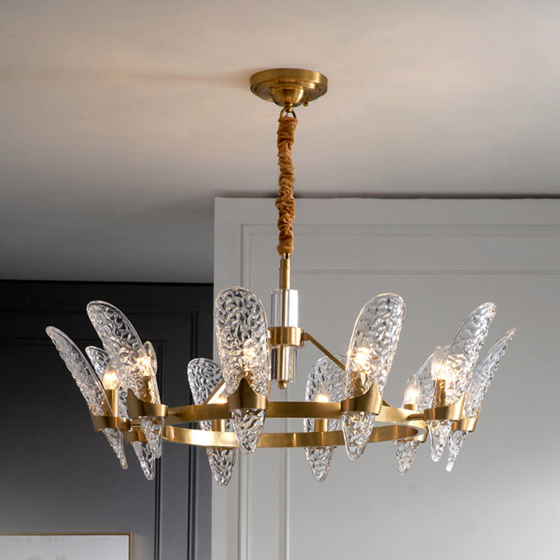 Brass 8/10-Bulb Suspension Light Minimal Clear Crystal Glass Arc Panel Chandelier Pendant Lamp 10 Brass Clearhalo 'Ceiling Lights' 'Chandeliers' 'Modern Chandeliers' 'Modern' Lighting' 790371