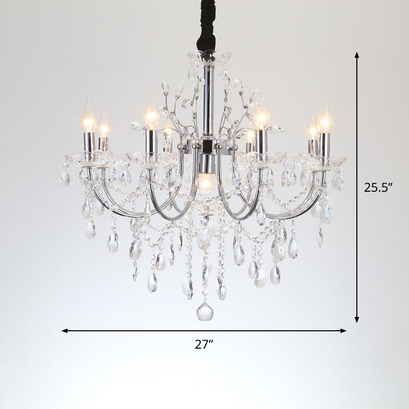 Crystal Swag Candle Chandelier Lighting Minimalist 9 Bulbs Living Room Pendant Lamp Fixture in Chrome Clearhalo 'Ceiling Lights' 'Chandeliers' 'Modern Chandeliers' 'Modern' Lighting' 790383