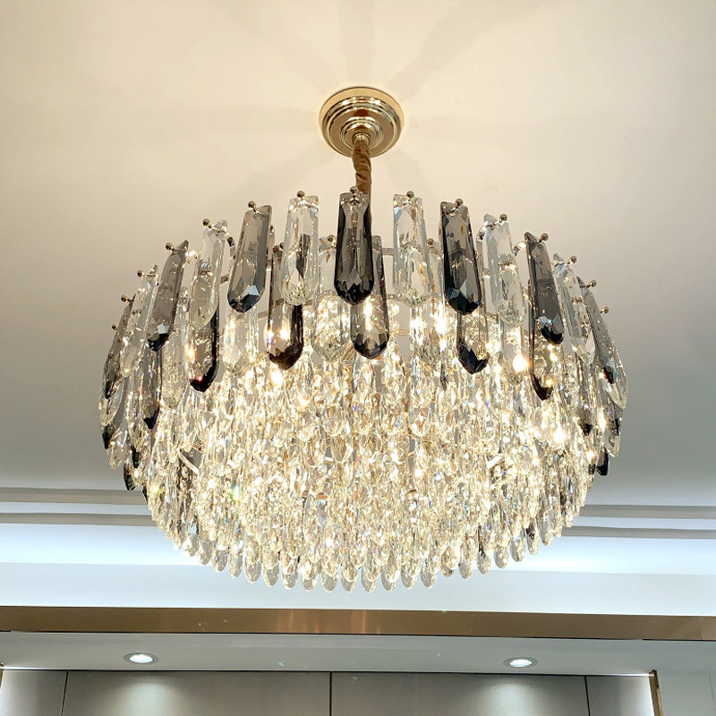 9 Heads Grey Crystal Block Chandelier Modern Gold Round Living Room Ceiling Hang Fixture Grey Clearhalo 'Ceiling Lights' 'Chandeliers' 'Modern Chandeliers' 'Modern' Lighting' 790384