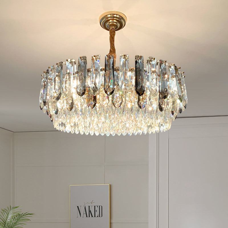 9 Heads Grey Crystal Block Chandelier Modern Gold Round Living Room Ceiling Hang Fixture Clearhalo 'Ceiling Lights' 'Chandeliers' 'Modern Chandeliers' 'Modern' Lighting' 790385