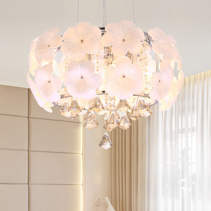 White 5/8 Lights Pendulum Light Modernism Flower Crystal Drum Frame Chandelier Lamp Fixture, 18"/21.5" Wide White Clearhalo 'Ceiling Lights' 'Chandeliers' 'Modern Chandeliers' 'Modern' Lighting' 790400