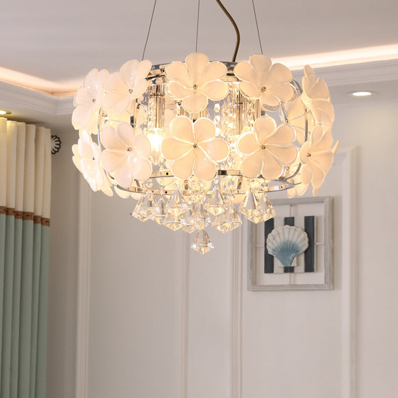 White 5/8 Lights Pendulum Light Modernism Flower Crystal Drum Frame Chandelier Lamp Fixture, 18"/21.5" Wide Clearhalo 'Ceiling Lights' 'Chandeliers' 'Modern Chandeliers' 'Modern' Lighting' 790401