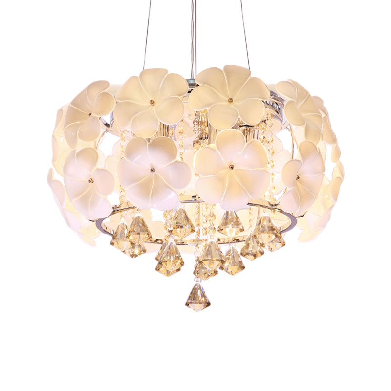 White 5/8 Lights Pendulum Light Modernism Flower Crystal Drum Frame Chandelier Lamp Fixture, 18"/21.5" Wide Clearhalo 'Ceiling Lights' 'Chandeliers' 'Modern Chandeliers' 'Modern' Lighting' 790402