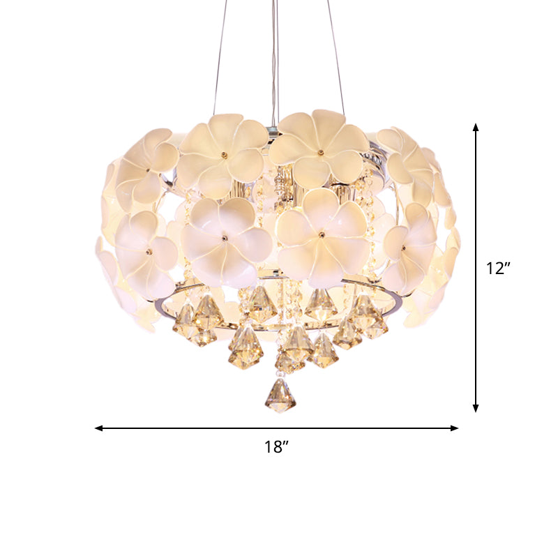 White 5/8 Lights Pendulum Light Modernism Flower Crystal Drum Frame Chandelier Lamp Fixture, 18"/21.5" Wide Clearhalo 'Ceiling Lights' 'Chandeliers' 'Modern Chandeliers' 'Modern' Lighting' 790403