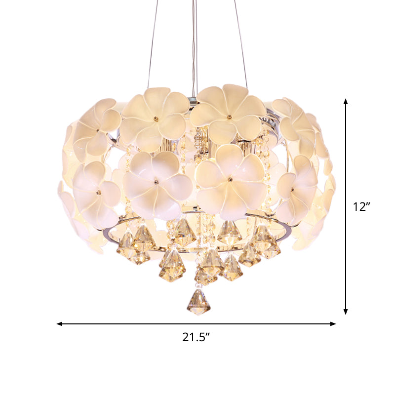 White 5/8 Lights Pendulum Light Modernism Flower Crystal Drum Frame Chandelier Lamp Fixture, 18"/21.5" Wide Clearhalo 'Ceiling Lights' 'Chandeliers' 'Modern Chandeliers' 'Modern' Lighting' 790404