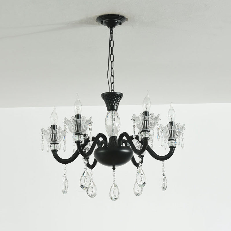 Modernism Curved Arm Suspension Light 6/8-Light Metal Pendant Chandelier in Black with Crystal Droplet Clearhalo 'Ceiling Lights' 'Chandeliers' 'Modern Chandeliers' 'Modern' Lighting' 790415