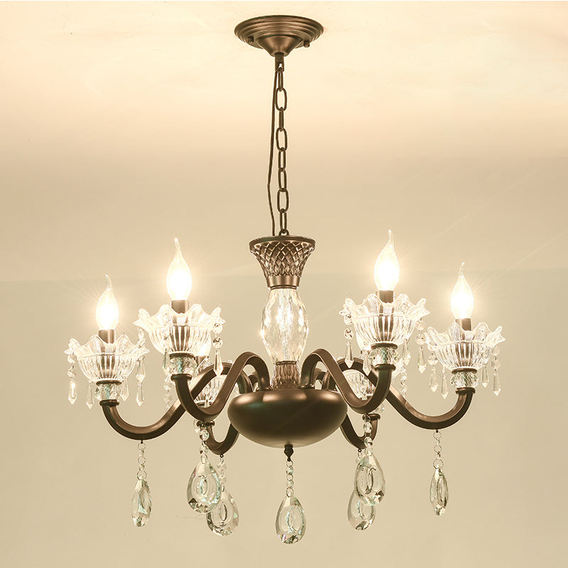 Modernism Curved Arm Suspension Light 6/8-Light Metal Pendant Chandelier in Black with Crystal Droplet Clearhalo 'Ceiling Lights' 'Chandeliers' 'Modern Chandeliers' 'Modern' Lighting' 790416
