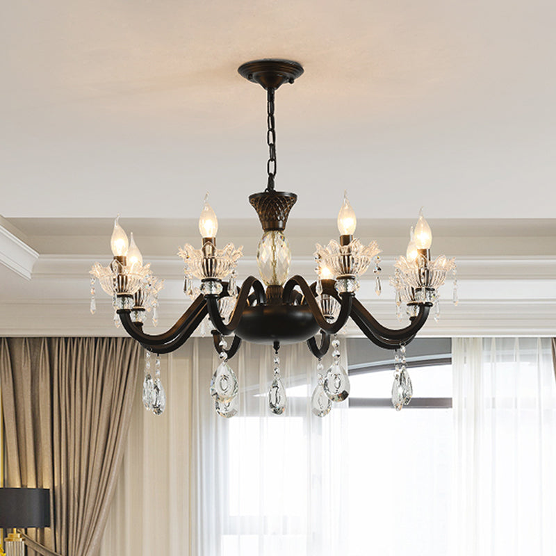 Modernism Curved Arm Suspension Light 6/8-Light Metal Pendant Chandelier in Black with Crystal Droplet 8 Black Clearhalo 'Ceiling Lights' 'Chandeliers' 'Modern Chandeliers' 'Modern' Lighting' 790418