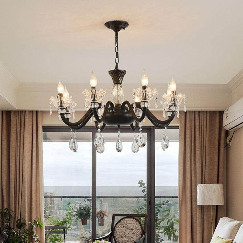 Modernism Curved Arm Suspension Light 6/8-Light Metal Pendant Chandelier in Black with Crystal Droplet Clearhalo 'Ceiling Lights' 'Chandeliers' 'Modern Chandeliers' 'Modern' Lighting' 790419