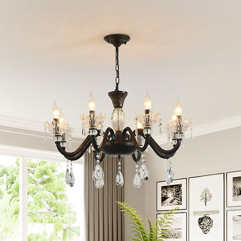 Modernism Curved Arm Suspension Light 6/8-Light Metal Pendant Chandelier in Black with Crystal Droplet Clearhalo 'Ceiling Lights' 'Chandeliers' 'Modern Chandeliers' 'Modern' Lighting' 790420