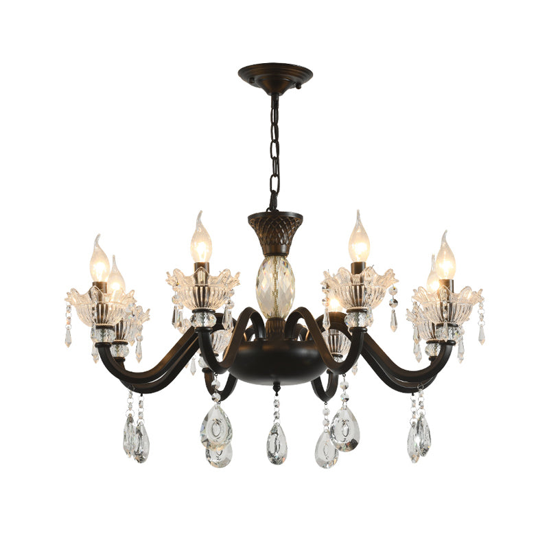 Modernism Curved Arm Suspension Light 6/8-Light Metal Pendant Chandelier in Black with Crystal Droplet Clearhalo 'Ceiling Lights' 'Chandeliers' 'Modern Chandeliers' 'Modern' Lighting' 790421