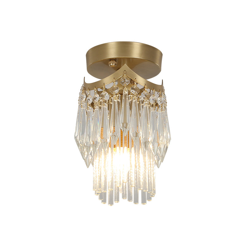 1-Bulb Wave Semi Mount Lighting Modern Brass Finish Crystal Drip Flush Ceiling Lamp Fixture Clearhalo 'Ceiling Lights' 'Close To Ceiling Lights' 'Close to ceiling' 'Semi-flushmount' Lighting' 790467