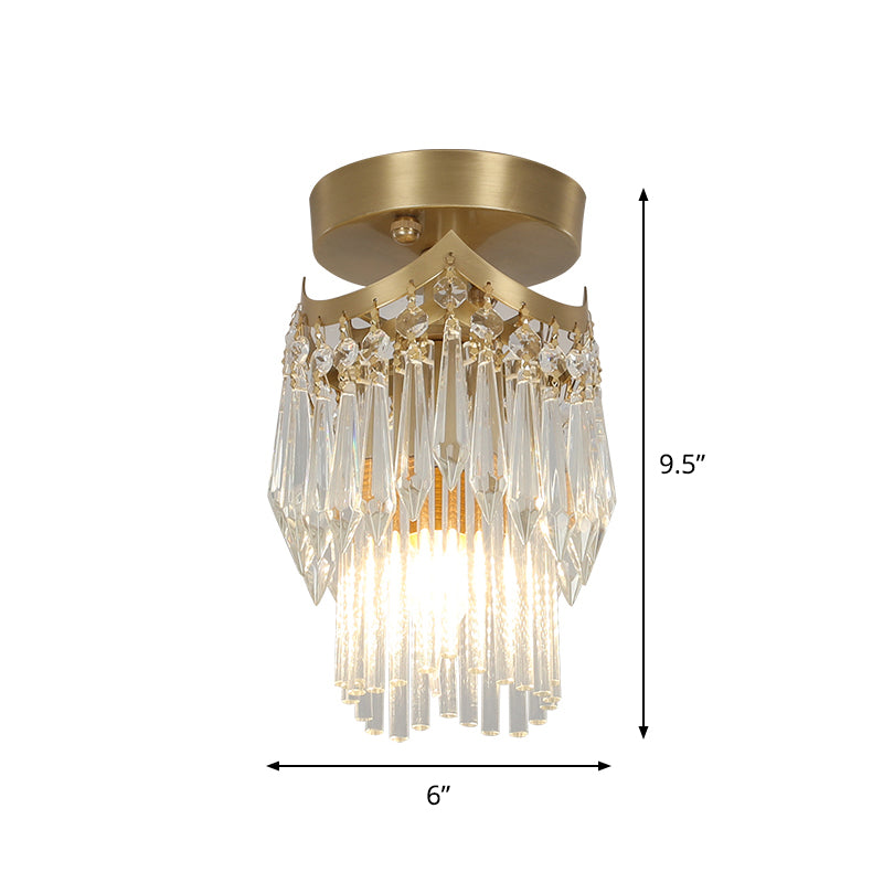 1-Bulb Wave Semi Mount Lighting Modern Brass Finish Crystal Drip Flush Ceiling Lamp Fixture Clearhalo 'Ceiling Lights' 'Close To Ceiling Lights' 'Close to ceiling' 'Semi-flushmount' Lighting' 790468