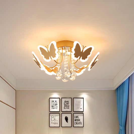 Butterfly Shaped Metal Semi Flush Light Modernist LED Bedroom Flush Mounted Lamp in Gold with Crystal Drop Gold Clearhalo 'Ceiling Lights' 'Close To Ceiling Lights' 'Close to ceiling' 'Flush mount' Lighting' 790469