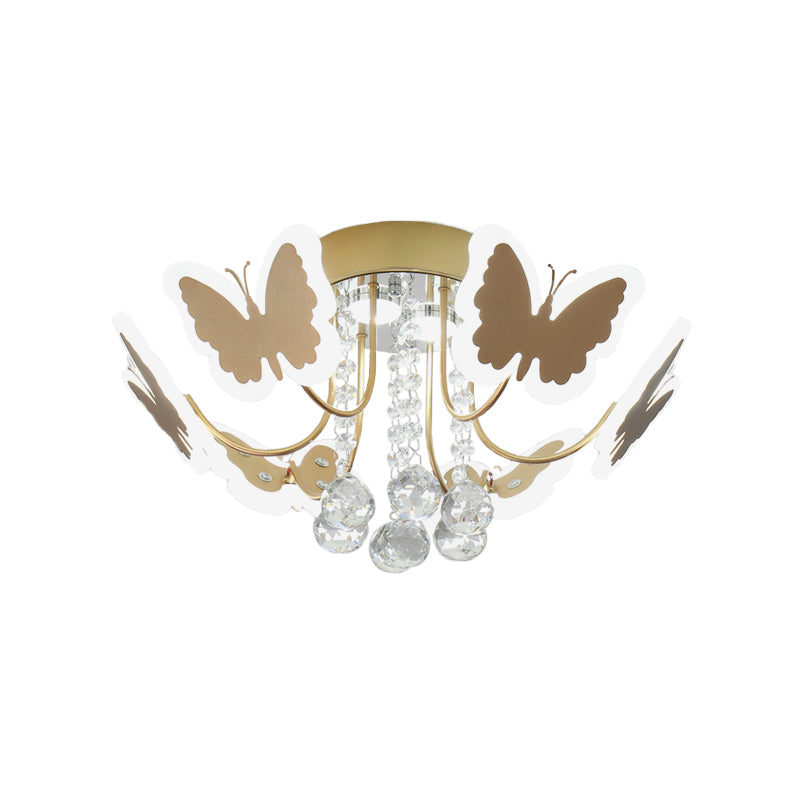 Butterfly Shaped Metal Semi Flush Light Modernist LED Bedroom Flush Mounted Lamp in Gold with Crystal Drop Clearhalo 'Ceiling Lights' 'Close To Ceiling Lights' 'Close to ceiling' 'Flush mount' Lighting' 790470