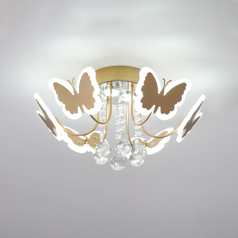 Butterfly Shaped Metal Semi Flush Light Modernist LED Bedroom Flush Mounted Lamp in Gold with Crystal Drop Clearhalo 'Ceiling Lights' 'Close To Ceiling Lights' 'Close to ceiling' 'Flush mount' Lighting' 790471