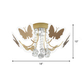 Butterfly Shaped Metal Semi Flush Light Modernist LED Bedroom Flush Mounted Lamp in Gold with Crystal Drop Clearhalo 'Ceiling Lights' 'Close To Ceiling Lights' 'Close to ceiling' 'Flush mount' Lighting' 790472