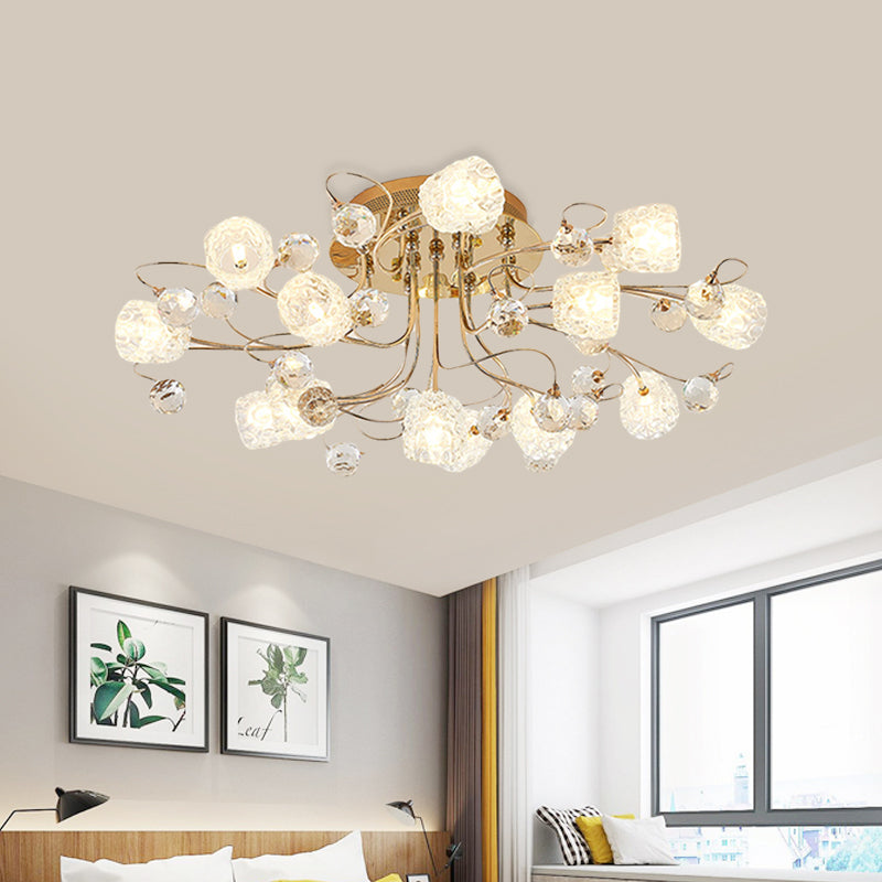 13 Lights Semi Flush Mount Chandelier Modern Flowerbud Bubble Glass Ceiling Lamp in Gold Gold Clearhalo 'Ceiling Lights' 'Close To Ceiling Lights' 'Close to ceiling' 'Semi-flushmount' Lighting' 790489